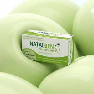 Caja de Natalben Preconceptivo mostrando el blíster con las cápsulas blandas para la suplementación en la etapa previa al embarazo.