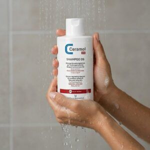 Envase de 200 ml del Ceramol Champú DS de Miriam Pérez, champú de tratamiento purificante y antidescamación.