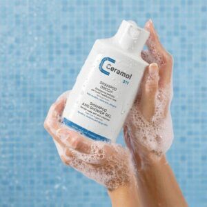 Envase de 20 ml del Gel Champú Ceramol 311 de Miriam Pérez, limpiador hipoalergénico para piel y cabello.
