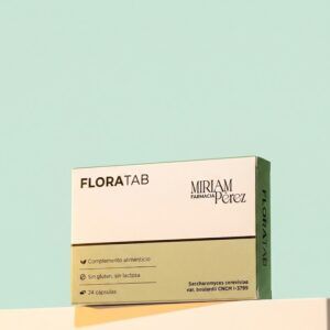 Caja de Floratab 24 cápsulas, suplemento simbiótico para la salud digestiva.