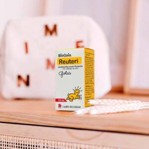Envase de Reuteri Gotas de 10 ml, probiótico infantil para el bienestar intestinal.