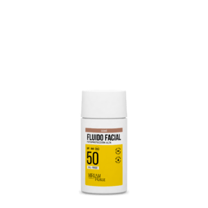Envase de Fluido Solar Facial SPF 50+ con color tono Doré, protección alta y unificadora.