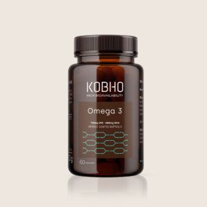 Bote de Omega 3 de Kobho Labs, suplemento de ácidos grasos esenciales de alta biodisponibilidad.