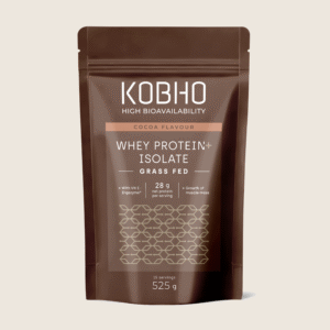 Bote de Proteína Whey Aislada sabor cacao de Kobho Labs, suplemento nutricional de alta pureza.