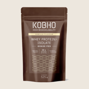 Bote de Proteína Whey Aislada sabor vainilla de Kobho Labs, suplemento de alta pureza.