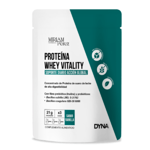 Bote de 500g de Dyna Proteína Whey Vitality sabor vainilla para recuperación muscular y vitalidad.